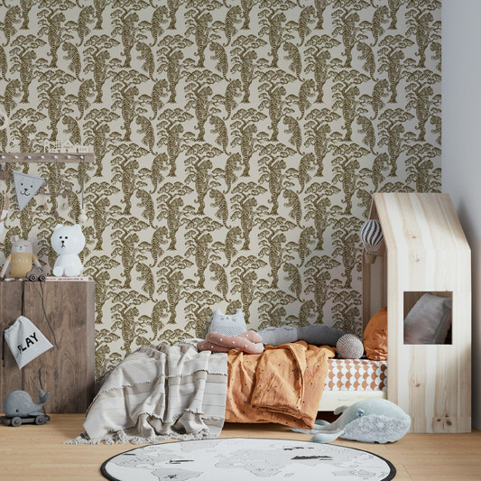 A minimalist home office with the botanical wallpaper.
