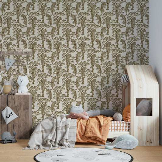 A minimalist home office with the botanical wallpaper.