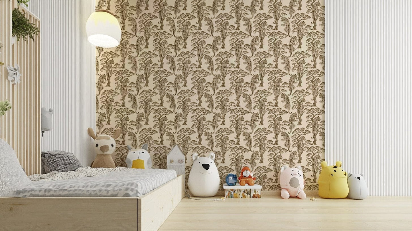 A bedroom with the lush foliage mural behind the headboard.