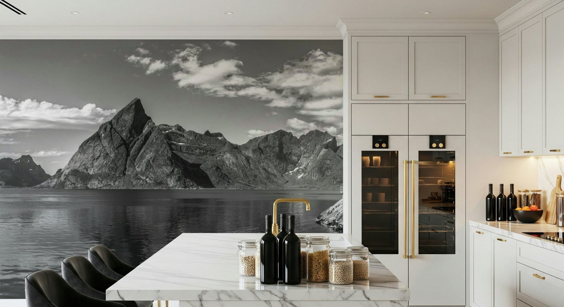 Nordic landscape wall mural for apartment bedroom, grey-blue color scheme, minimal style