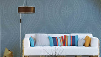 Faded Ogee Damask wallpaper in Arona blue-grey

