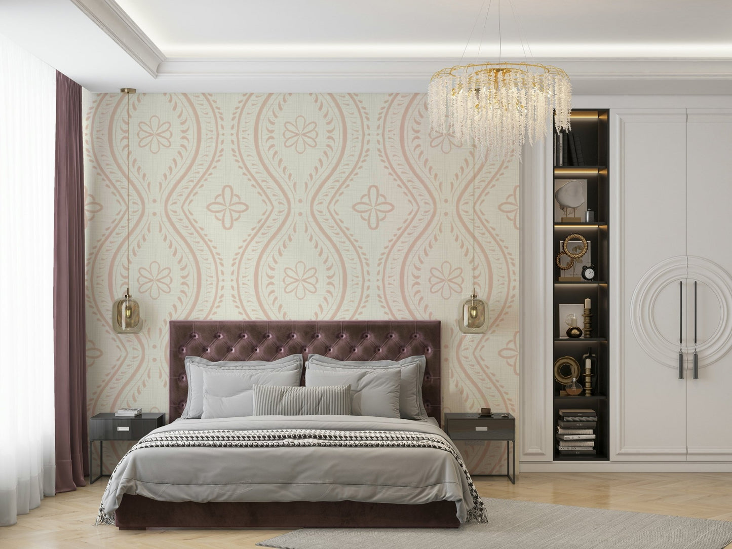 Living room with Cream Tan damask wall mural


