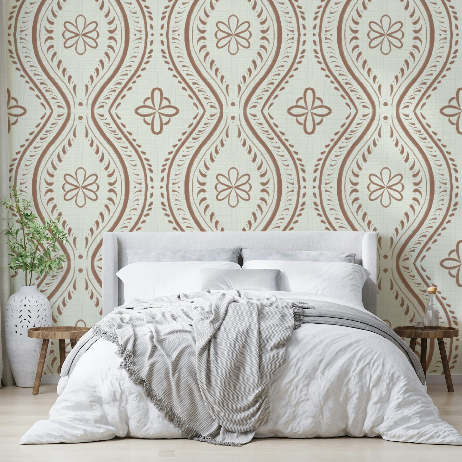 Vintage-style wall mural in mocha tones

