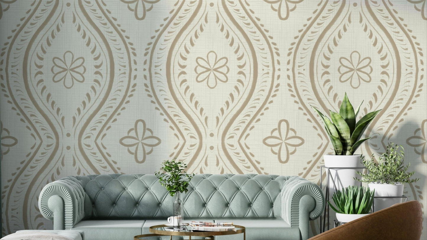 Faded Ogee Damask wallpaper in safari tones

