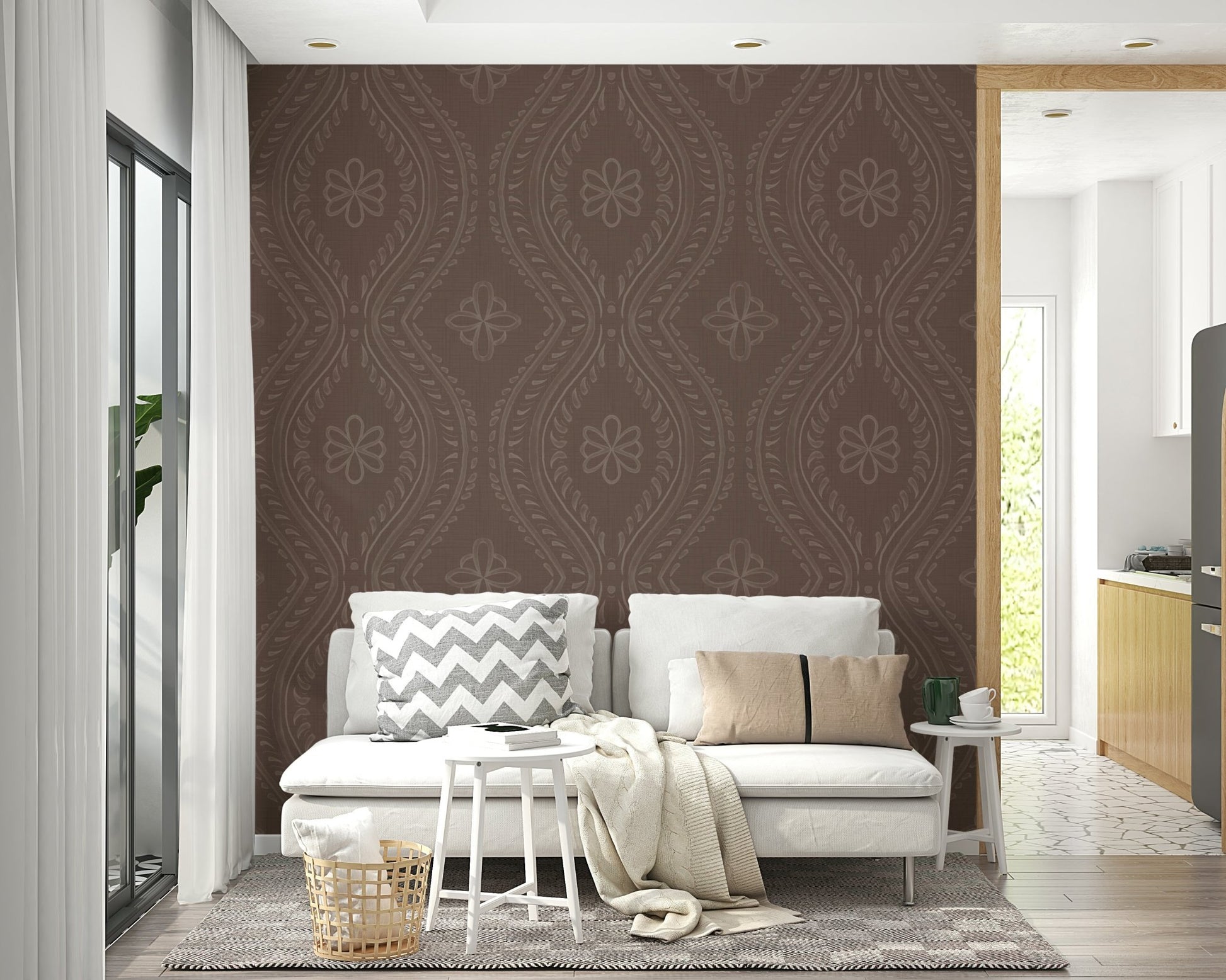 Vintage-inspired damask wallpaper in quartz finish

