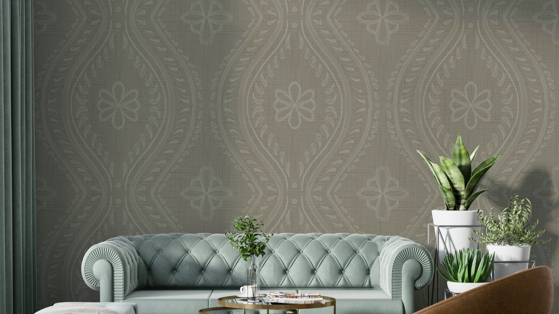 Elegant bedroom with Faded Ogee Damask wallpaper

