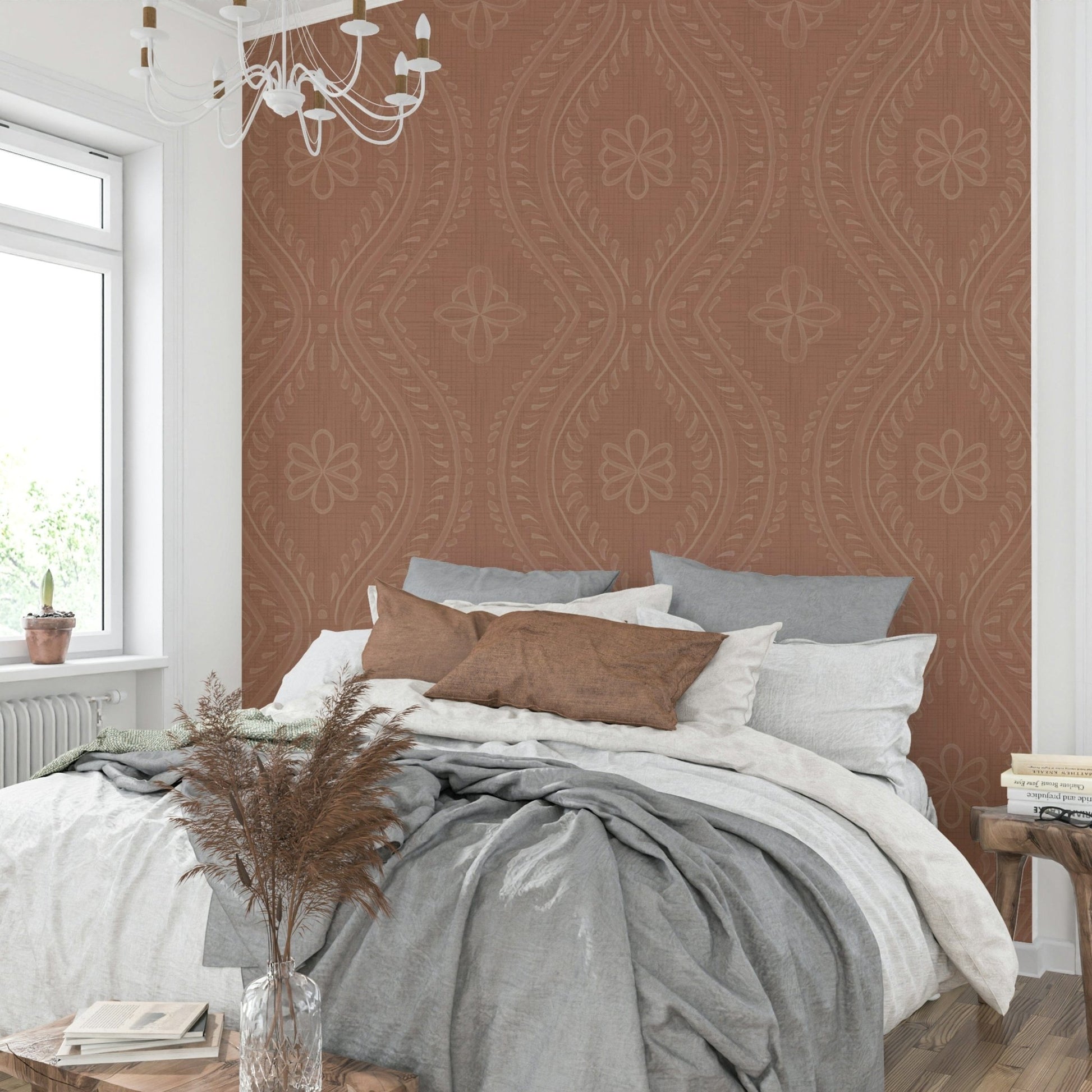 Vintage-style damask wallpaper in mocha tones

