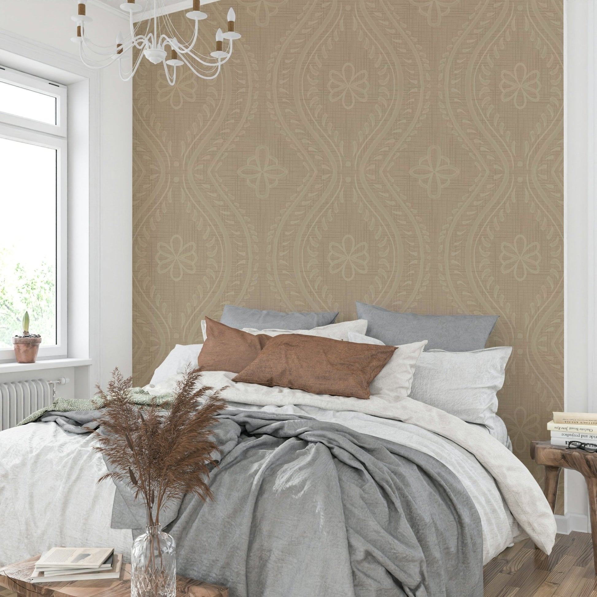 Safari-inspired wallpaper with faded damask design


