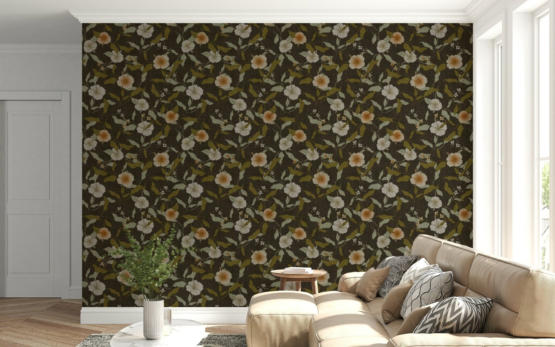 Colonial style Faded Tropical vining mural, historical colors home décor.