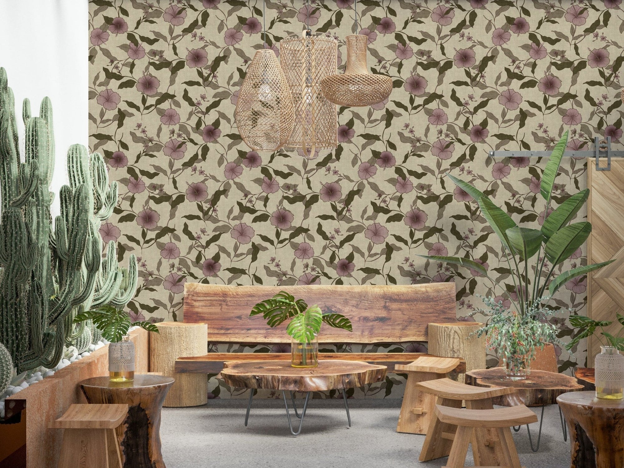 Purple and green blossom Faded Tropical Floral repeating décor.