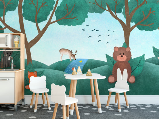 Fairy Forest Animal wallpaper mural shown as a full feature wall that highlights the design