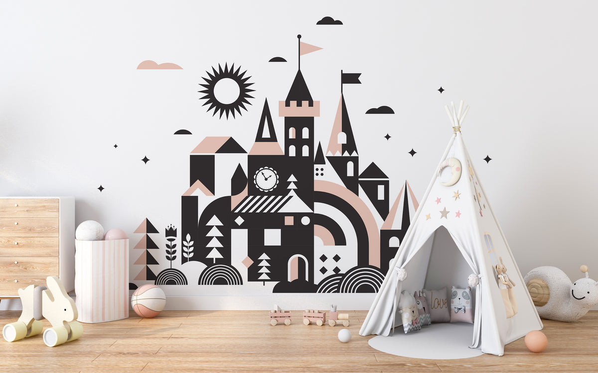 Fairy Tale Kingdom wallpaper mural shown as a full feature wall that highlights the design