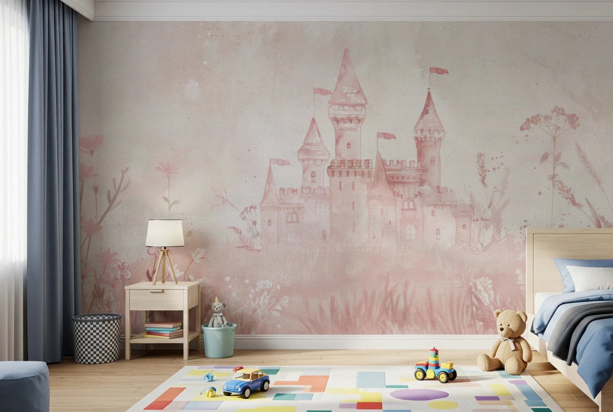 Fairytale Princess Castle Wall Mural - Pink Watercolor Art
