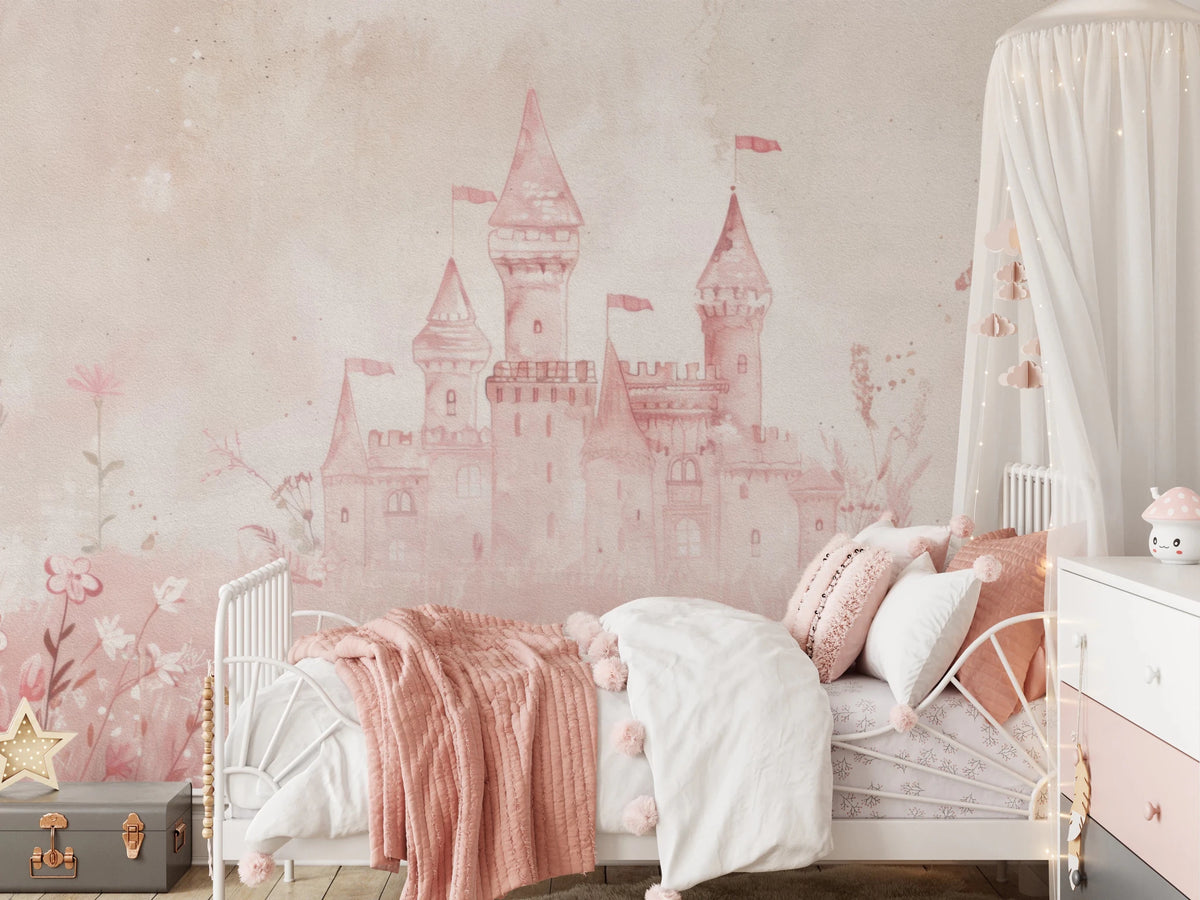 Fairytale Princess Castle Wall Mural - Pink Watercolor Art