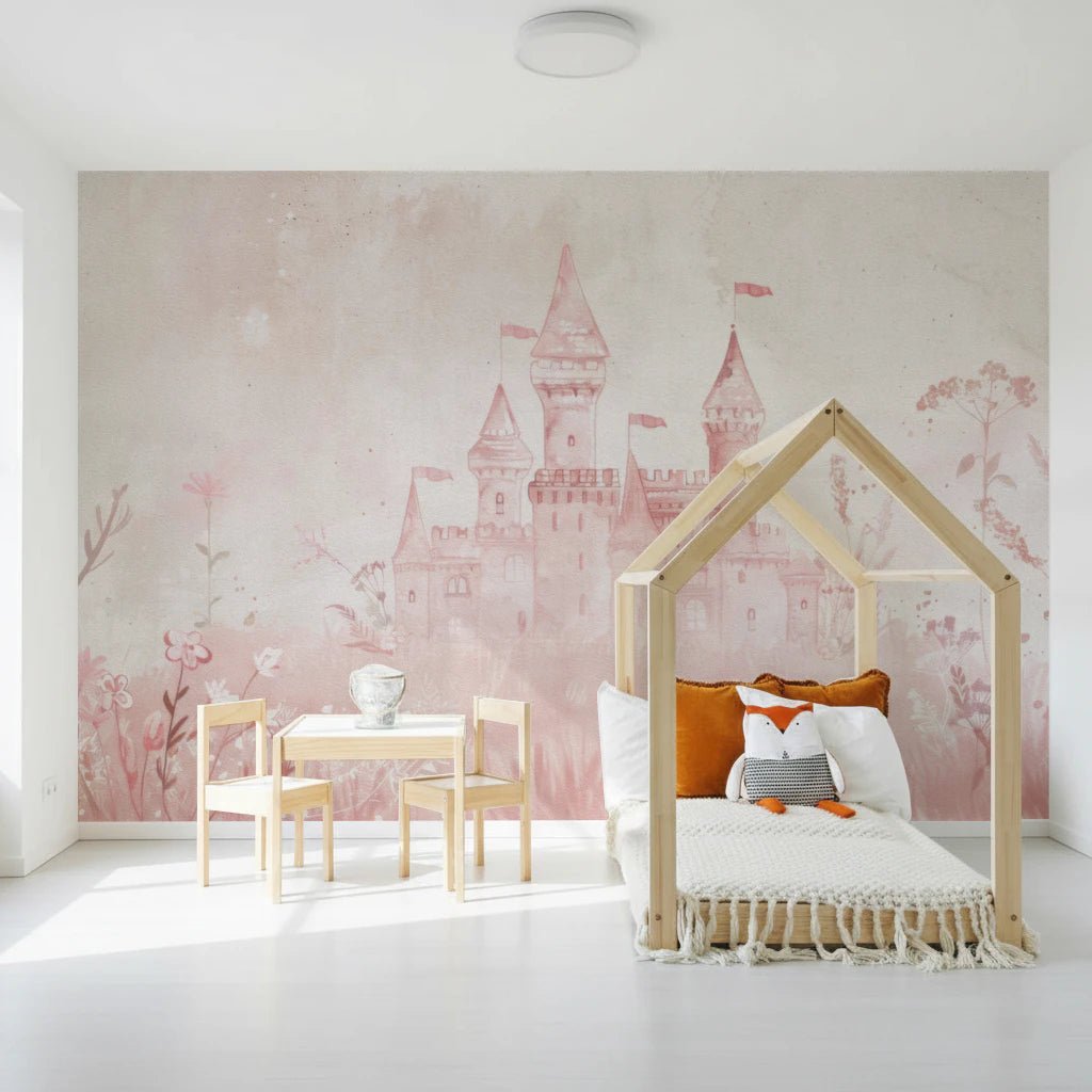 Fairytale Princess Castle Wall Mural - Pink Watercolor Art