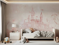 Enchanted Fairytale Princess Castle wall mural with watercolor flowers.