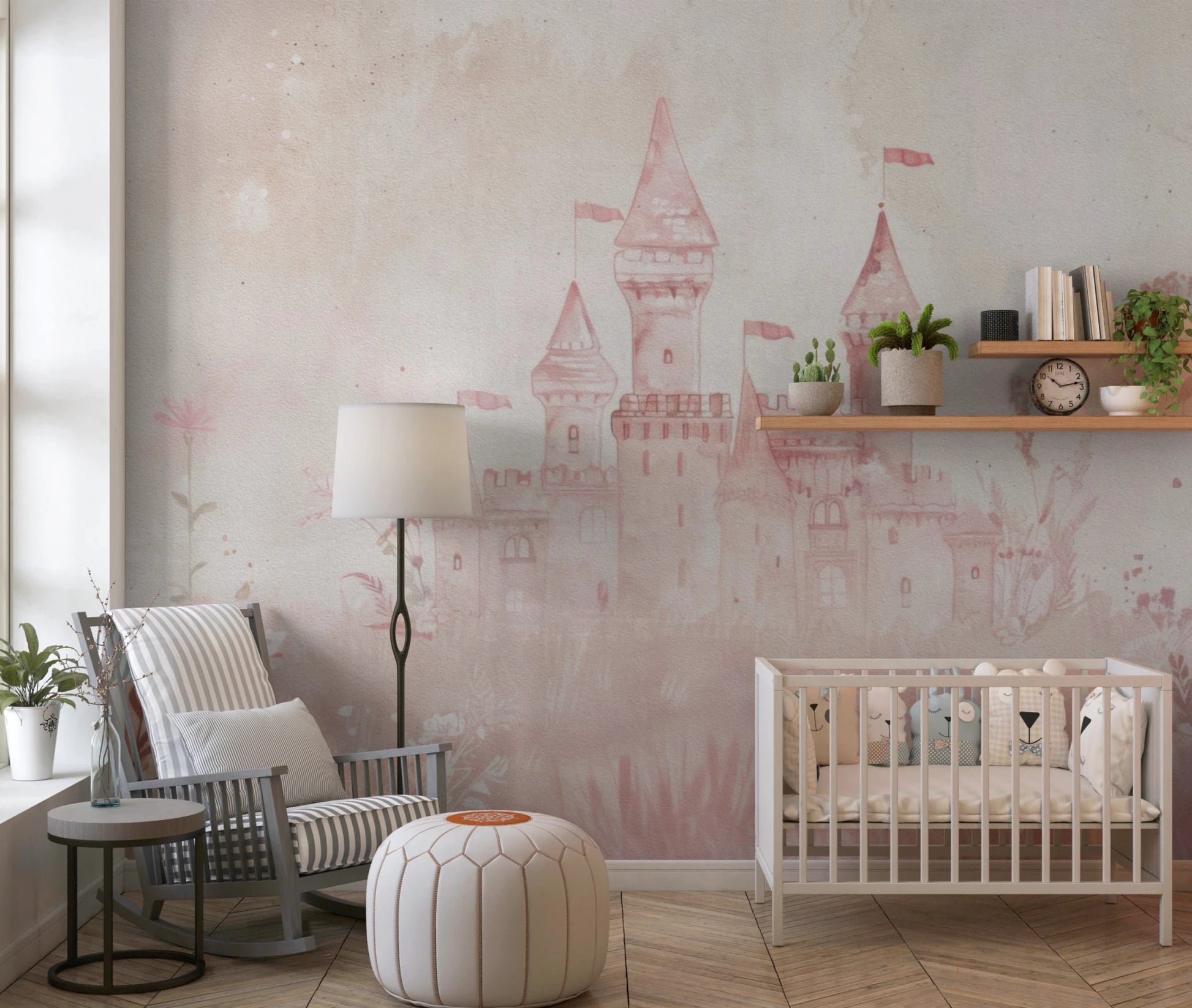 Delicate floral meadow surrounding a Fairytale Princess Castle wall mural.