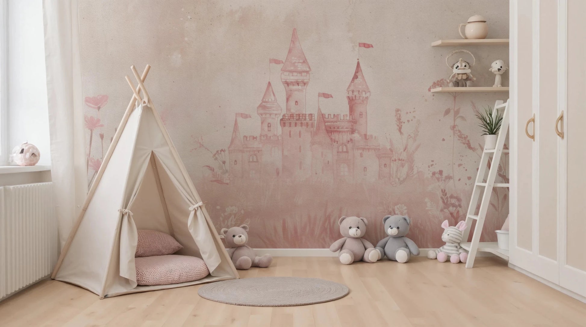 Whimsical castle scene on this pink watercolor girls room wall mural design.