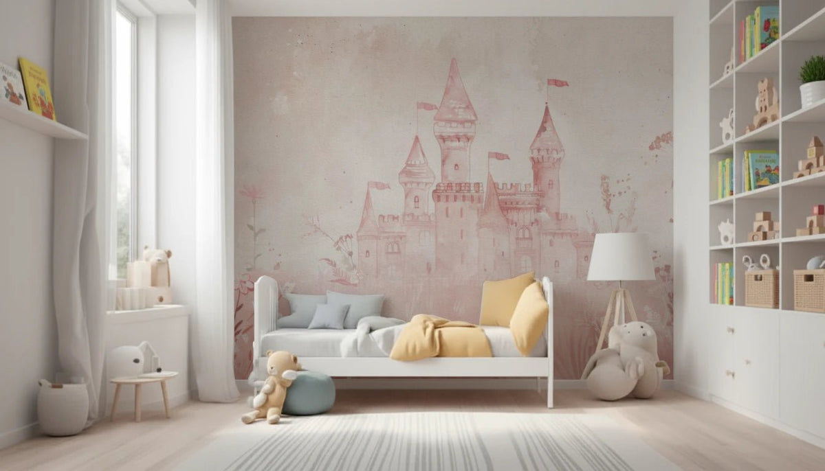 Fairytale Princess Castle Wall Mural - Pink Watercolor Art