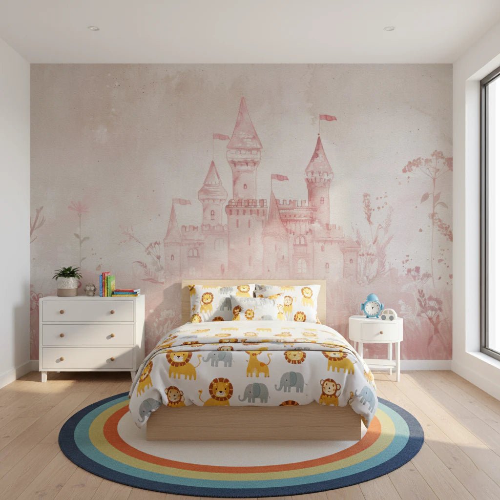 Fairytale Princess Castle wall mural showing soft pastel color tones.