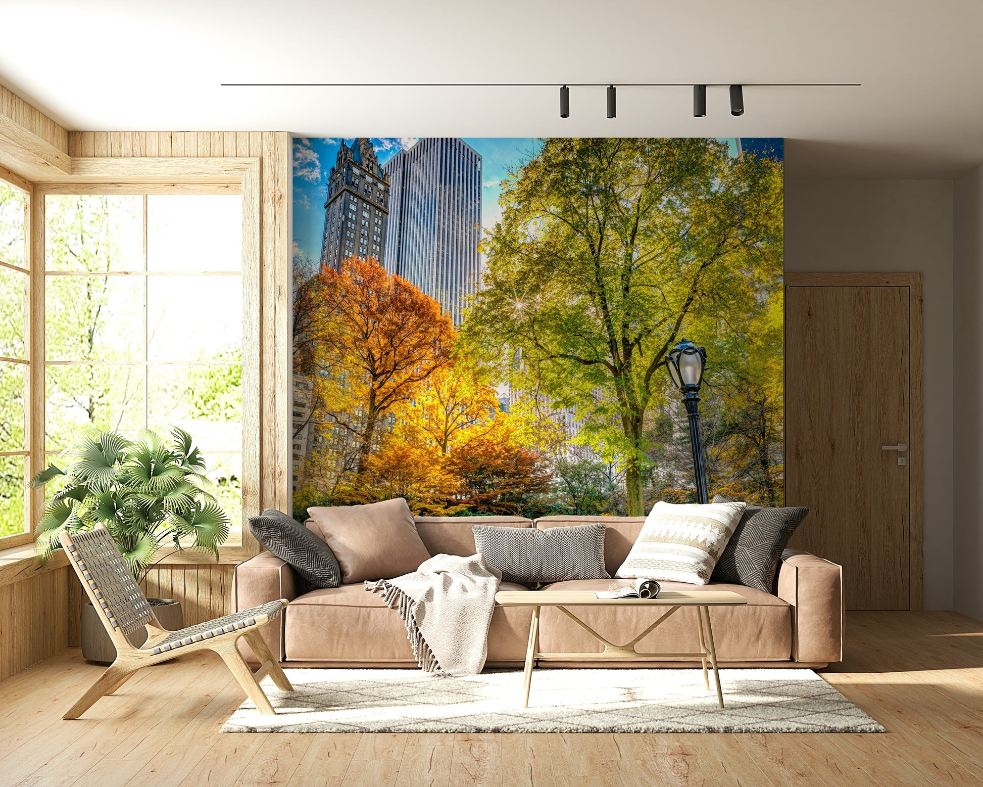 Central Park in Fall Colors, golden foliage view, elegant lamplight fixture, wallpaper.