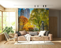 Central Park in Fall Colors, golden foliage view, elegant lamplight fixture, wallpaper.