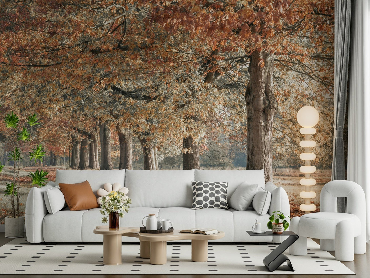 Scenic forest wall mural with orange leaves
