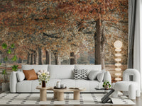 Scenic forest wall mural with orange leaves