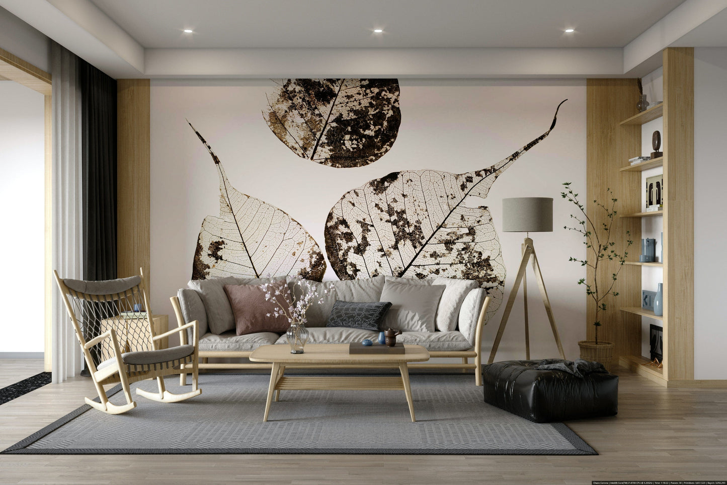A graceful subtle leaf wall mural in warm, natural tones.

