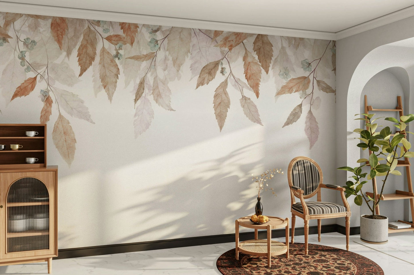 The image shows an artistic impression of a serene foliage scene with falling leaves.

