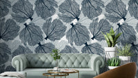 Navy and white coastal wallpaper with coral pattern

