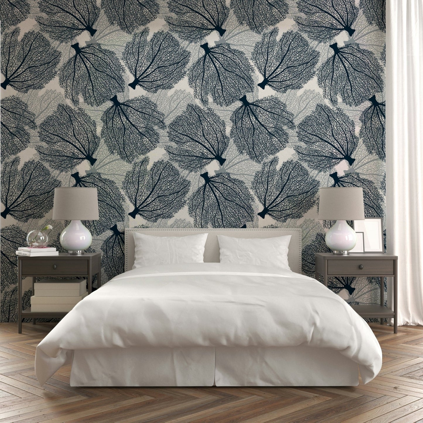 Marine botanical wallpaper in white and navy hues

