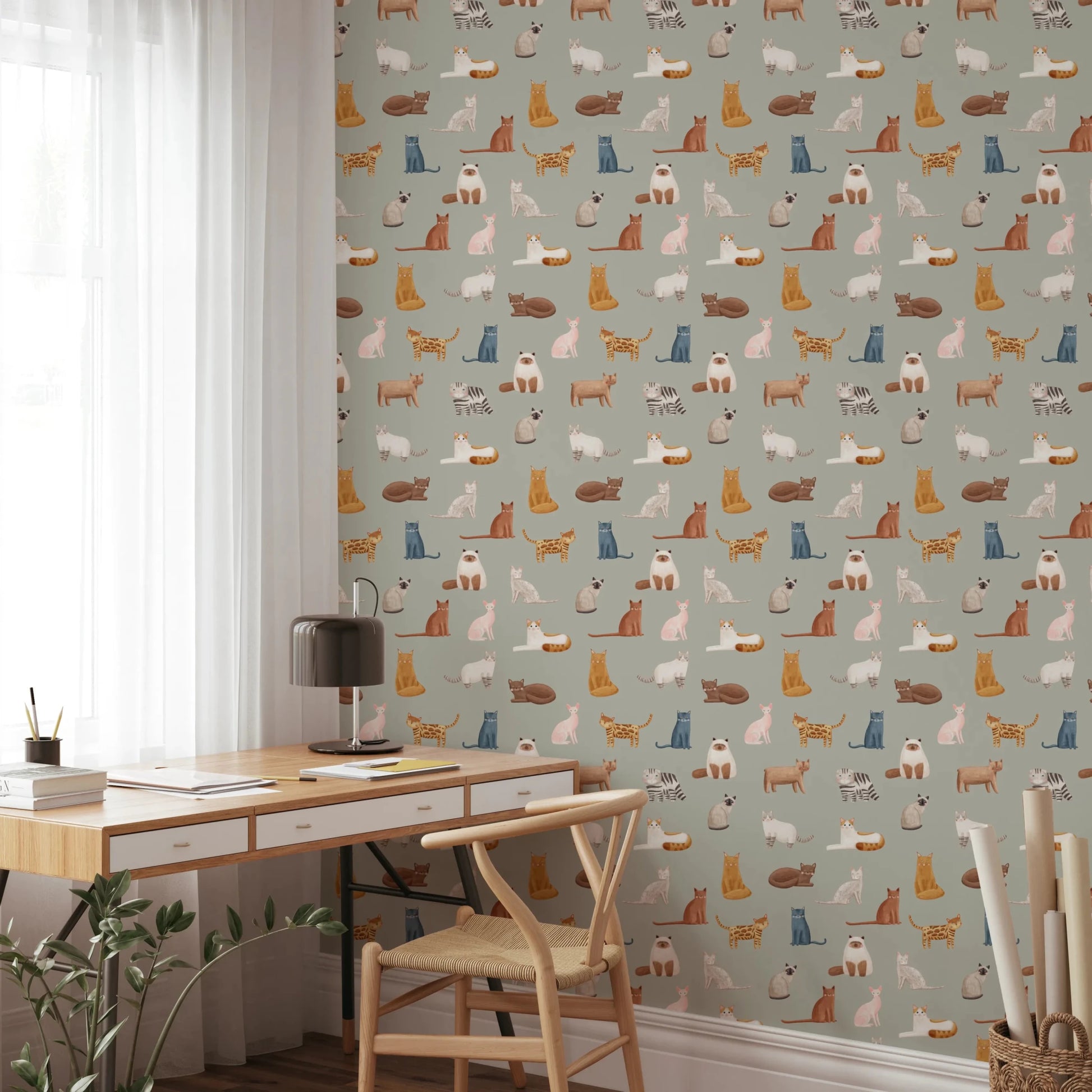 Fancy Felines in Safari Green Wallpaper⁠