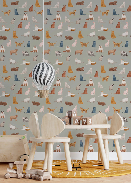 Fancy Felines in Safari Green Wallpaper⁠