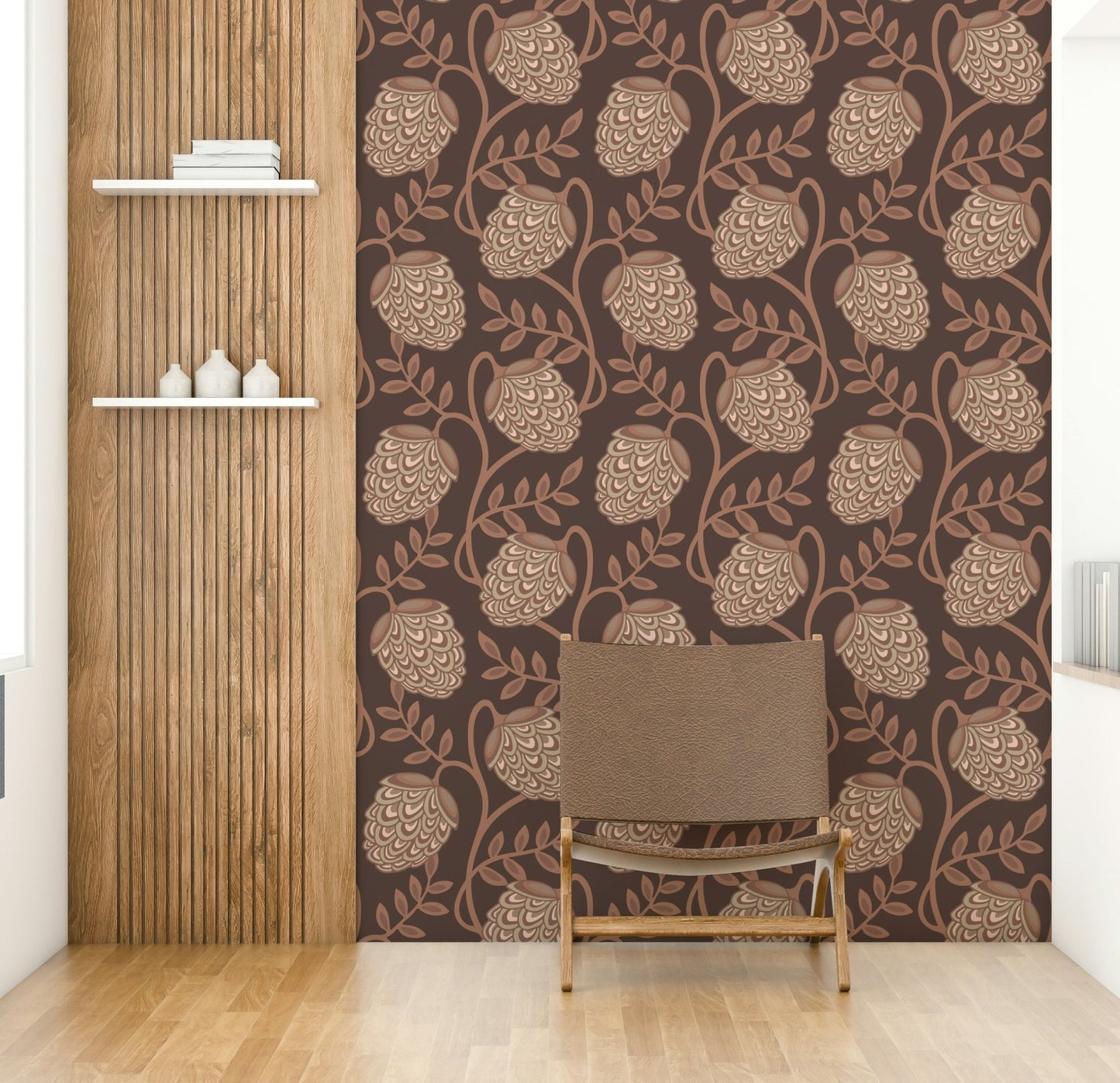 Stylized flowers and flowing lines.

