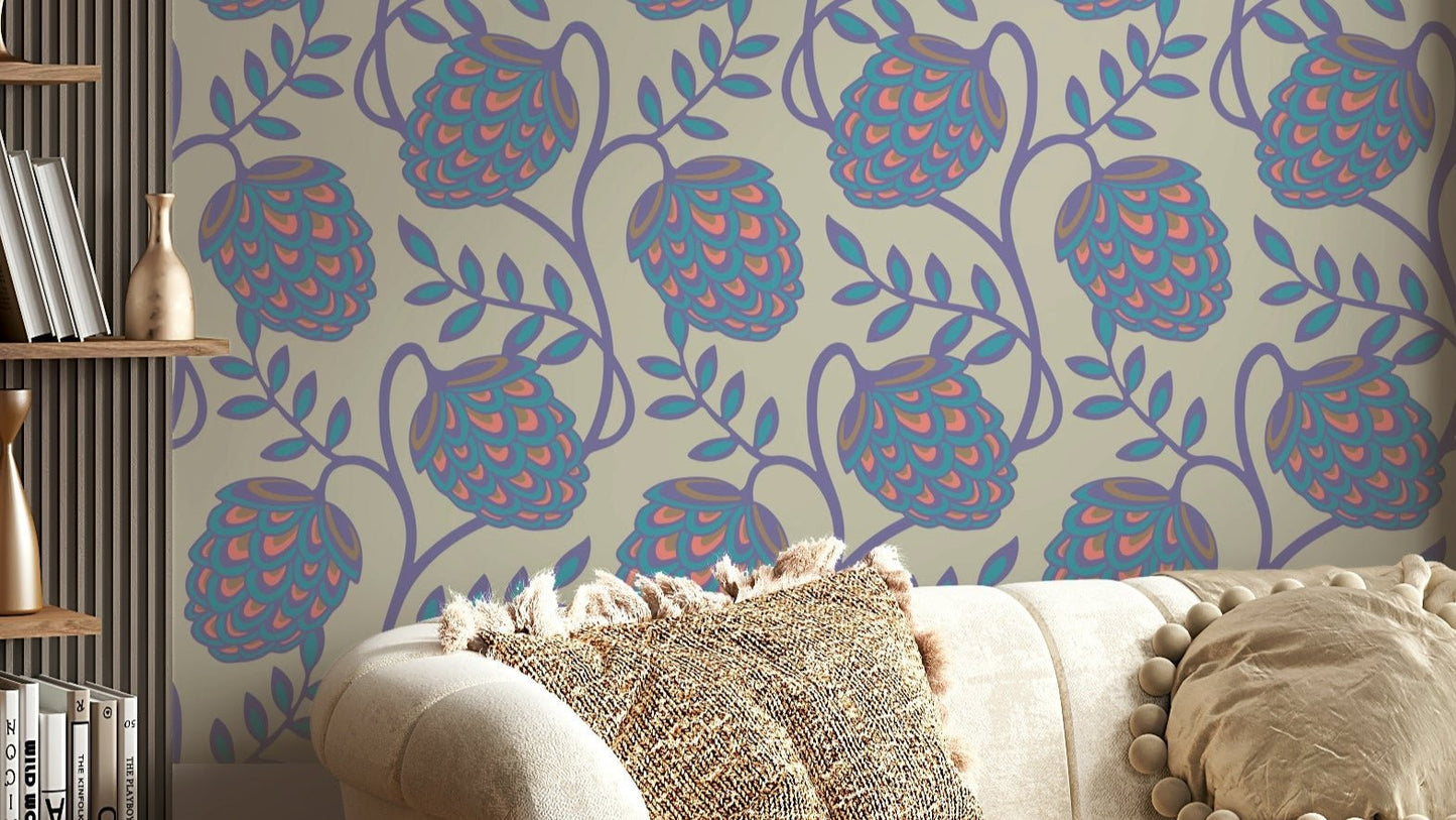 Pastel lavender, purple, pink, blue, and cream colors.

