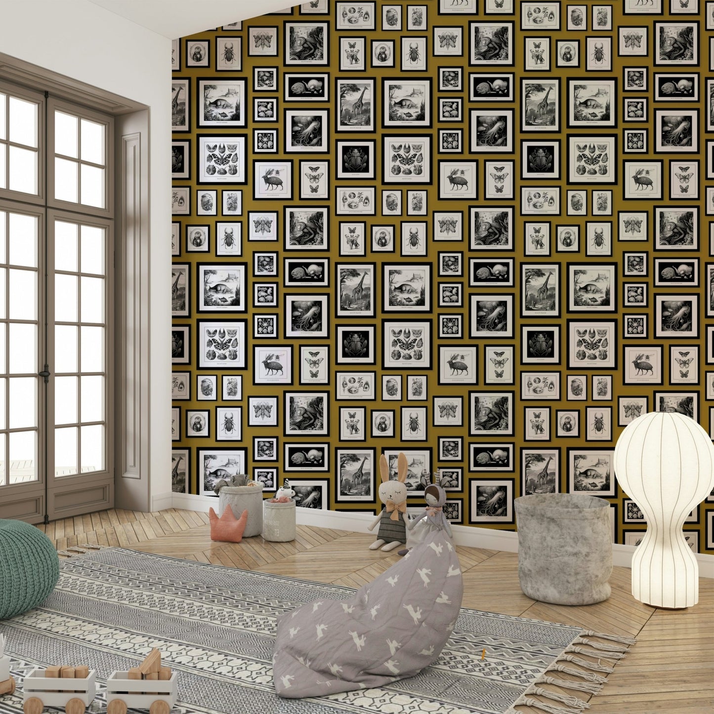 Mythical beasts printed on mustard-toned wallpaper


