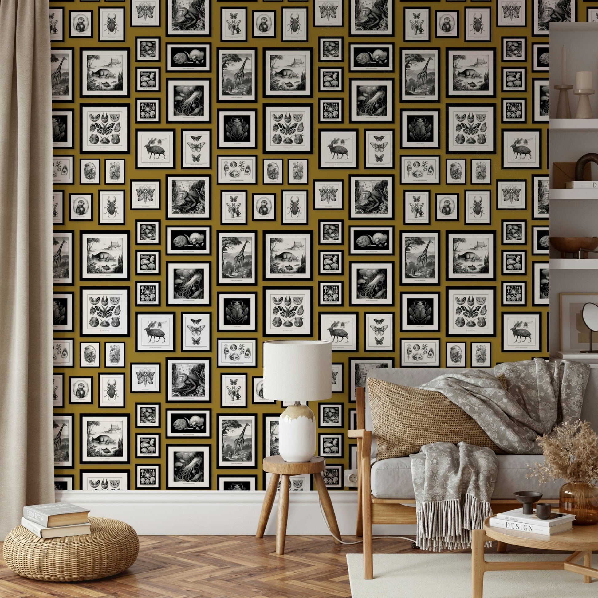 Whimsical mustard wallpaper with fantasy animals

