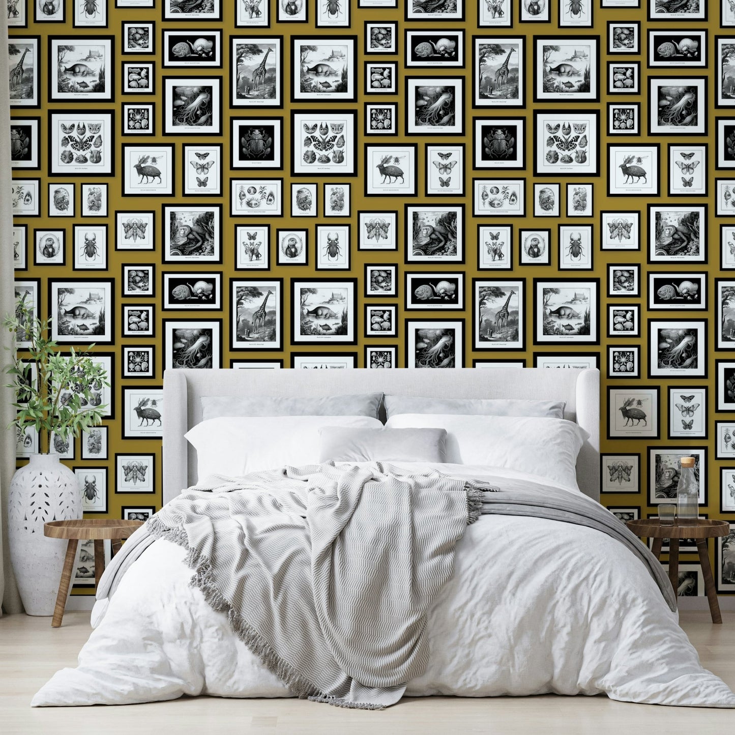 Mustard wallpaper with fairytale-inspired creatures

