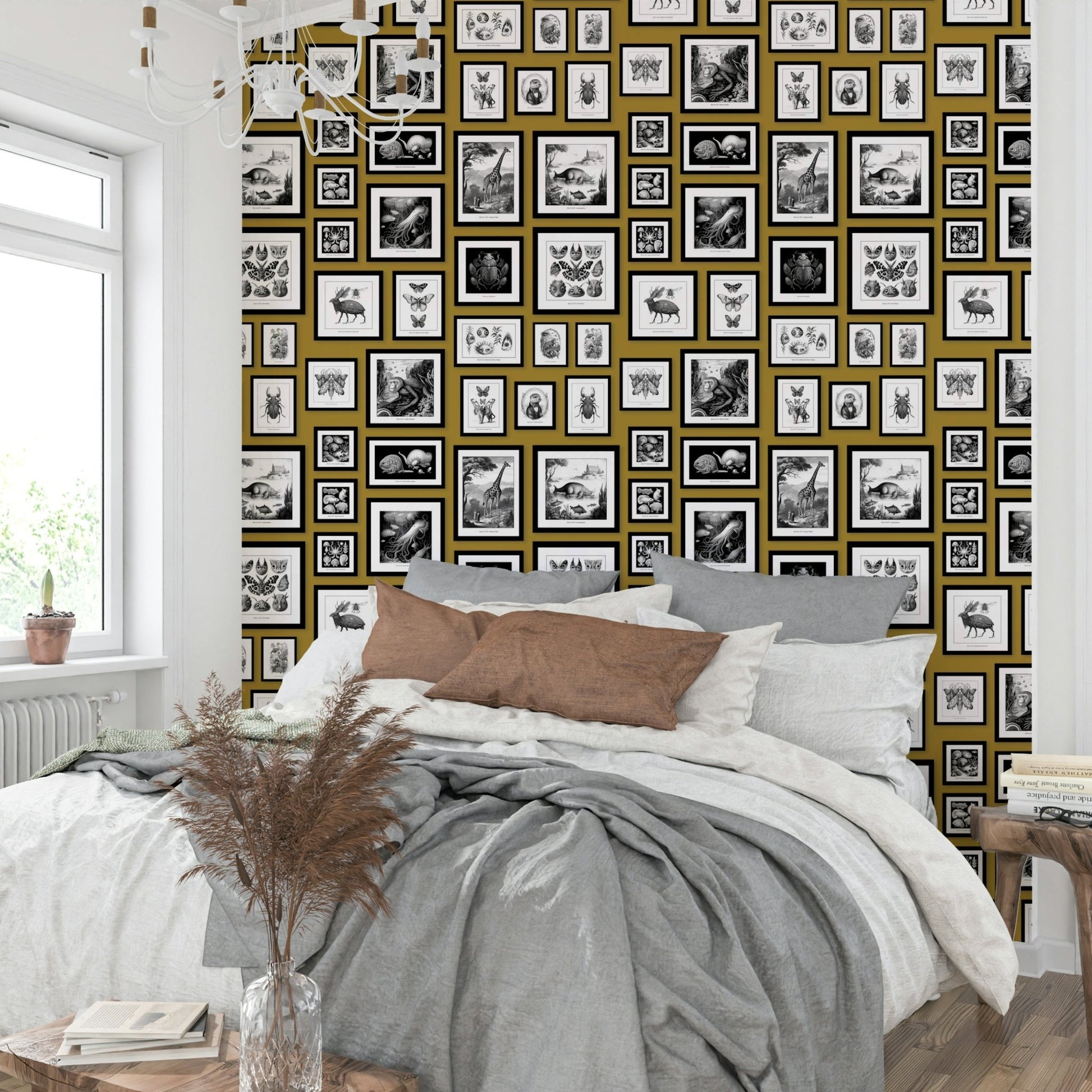 Bold wallpaper with fantasy creatures in mustard

