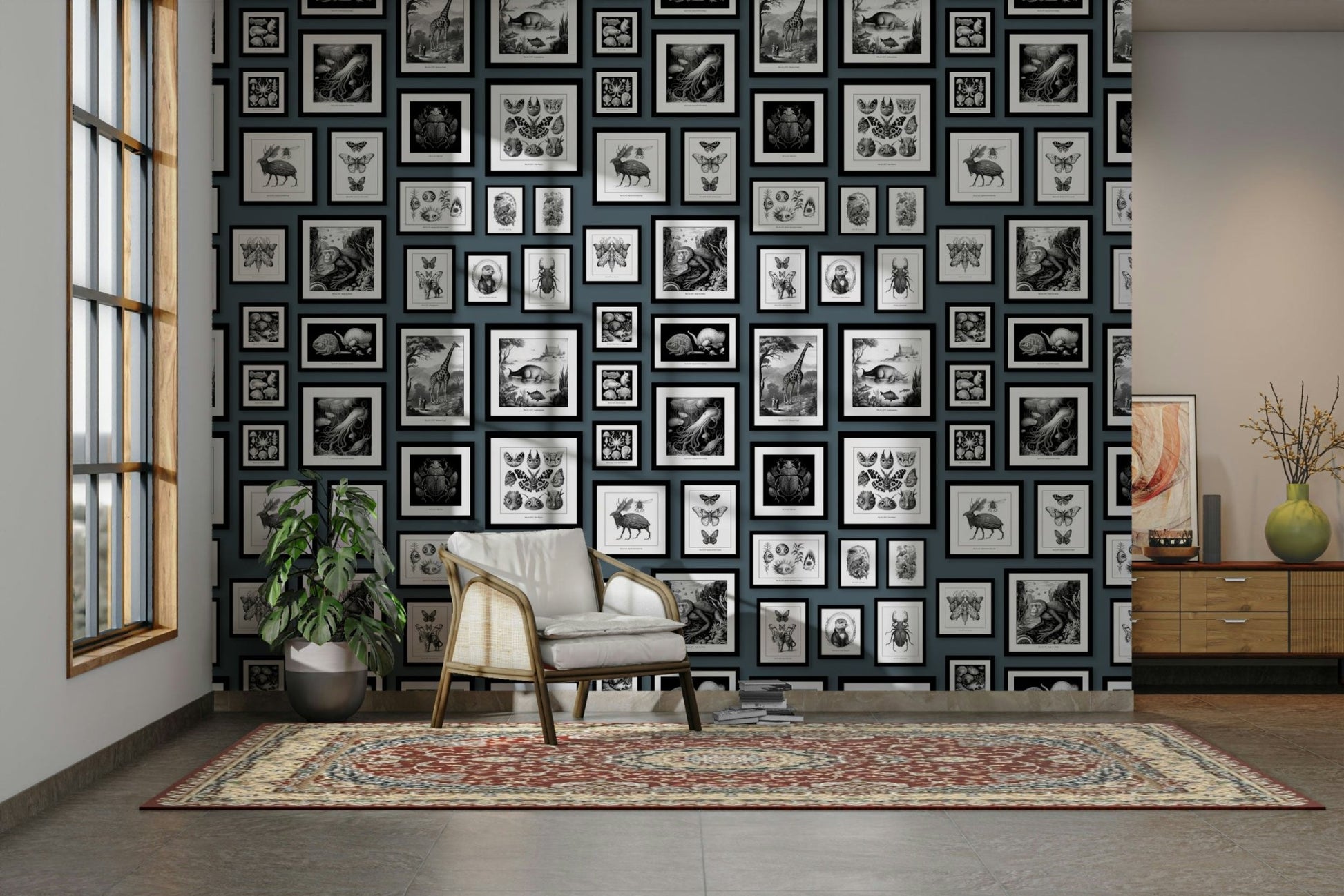 Moody blue wallpaper with intricate fantasy motifs

