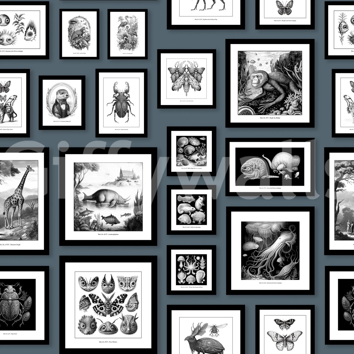 Decorative wallpaper featuring mythical beings in blue

