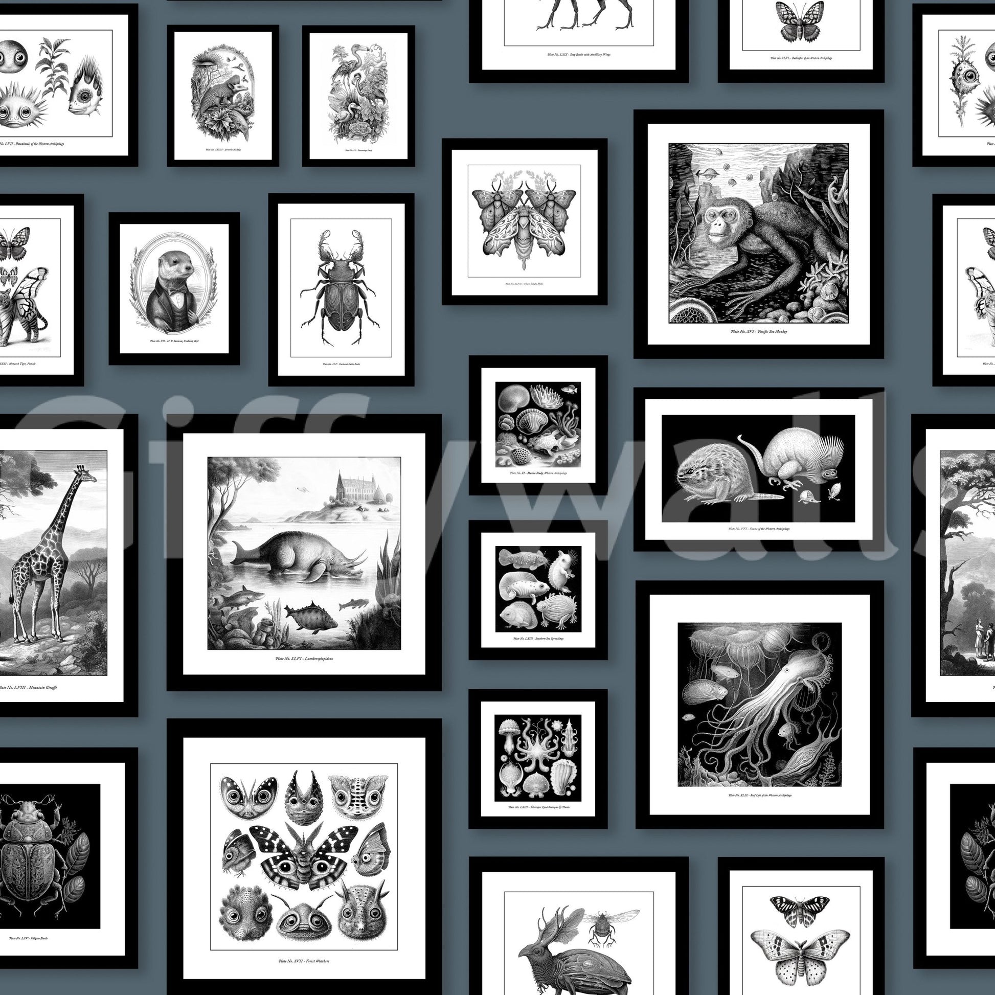 Decorative wallpaper featuring mythical beings in blue

