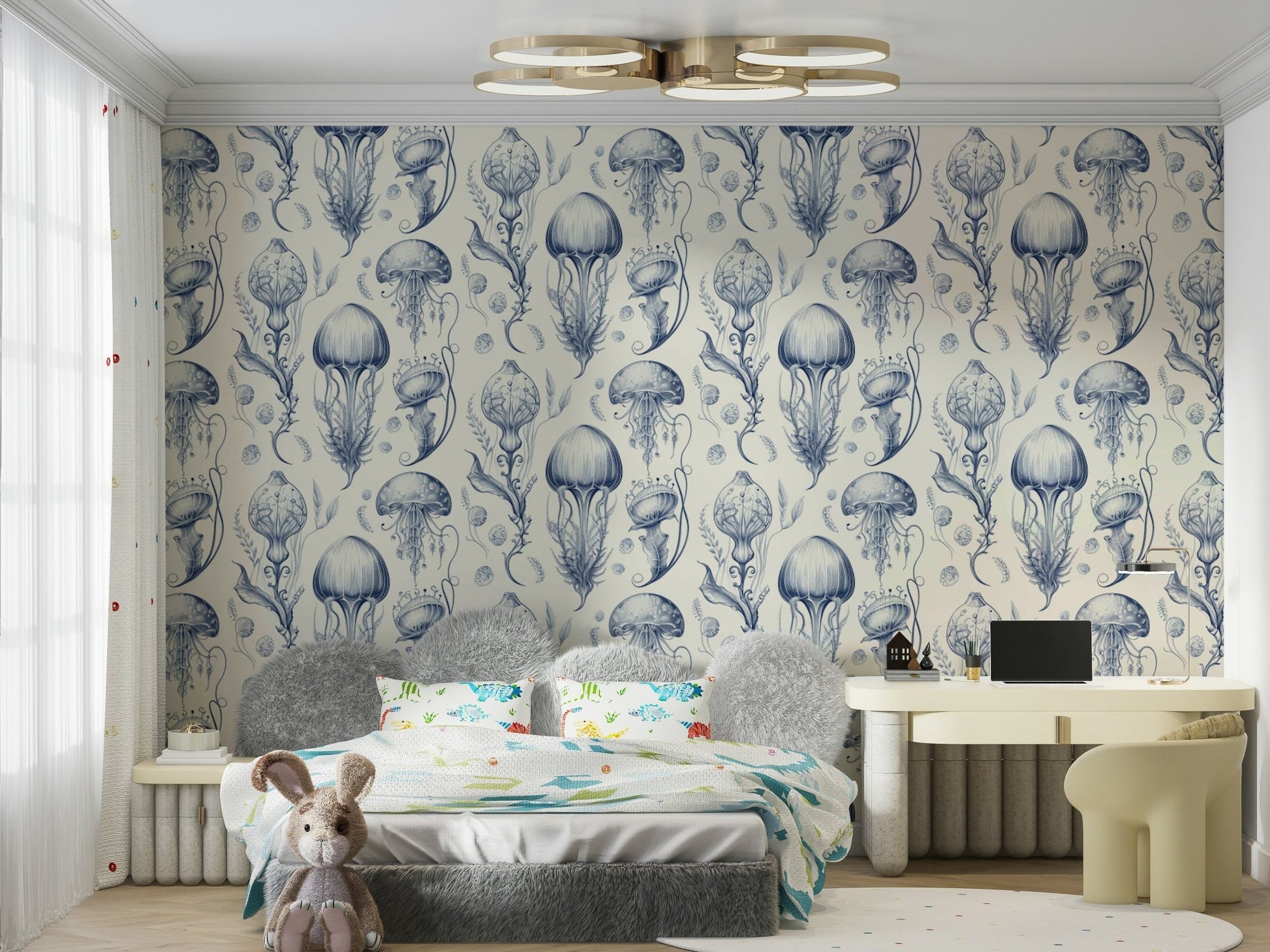 Elegant Delft Blue and Cream jellyfish wallpaper for walls

