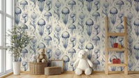 Beautiful Delft Blue and Cream jellyfish wallpaper for living rooms

