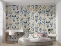 Aquatic-themed wallpaper with jellyfish in Delft Blue and Cream

