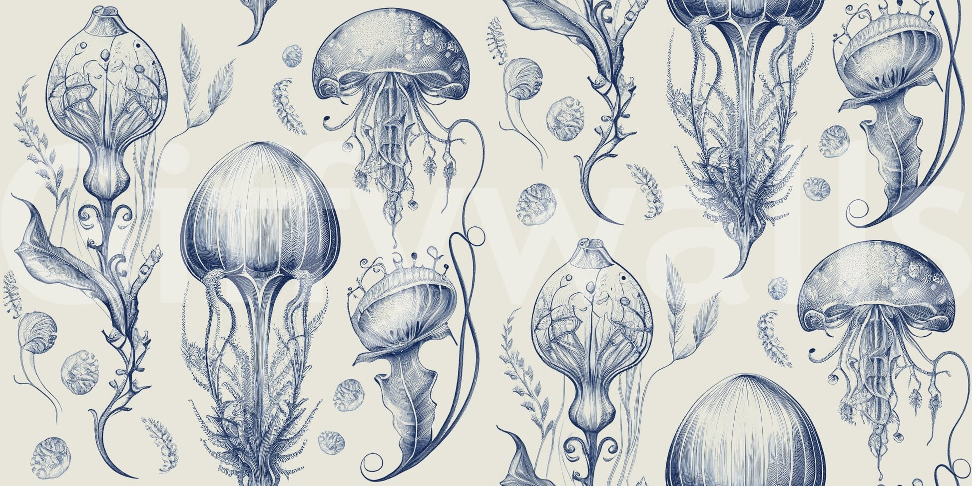 Delft Blue and Cream jellyfish wallpaper for tranquil spaces

