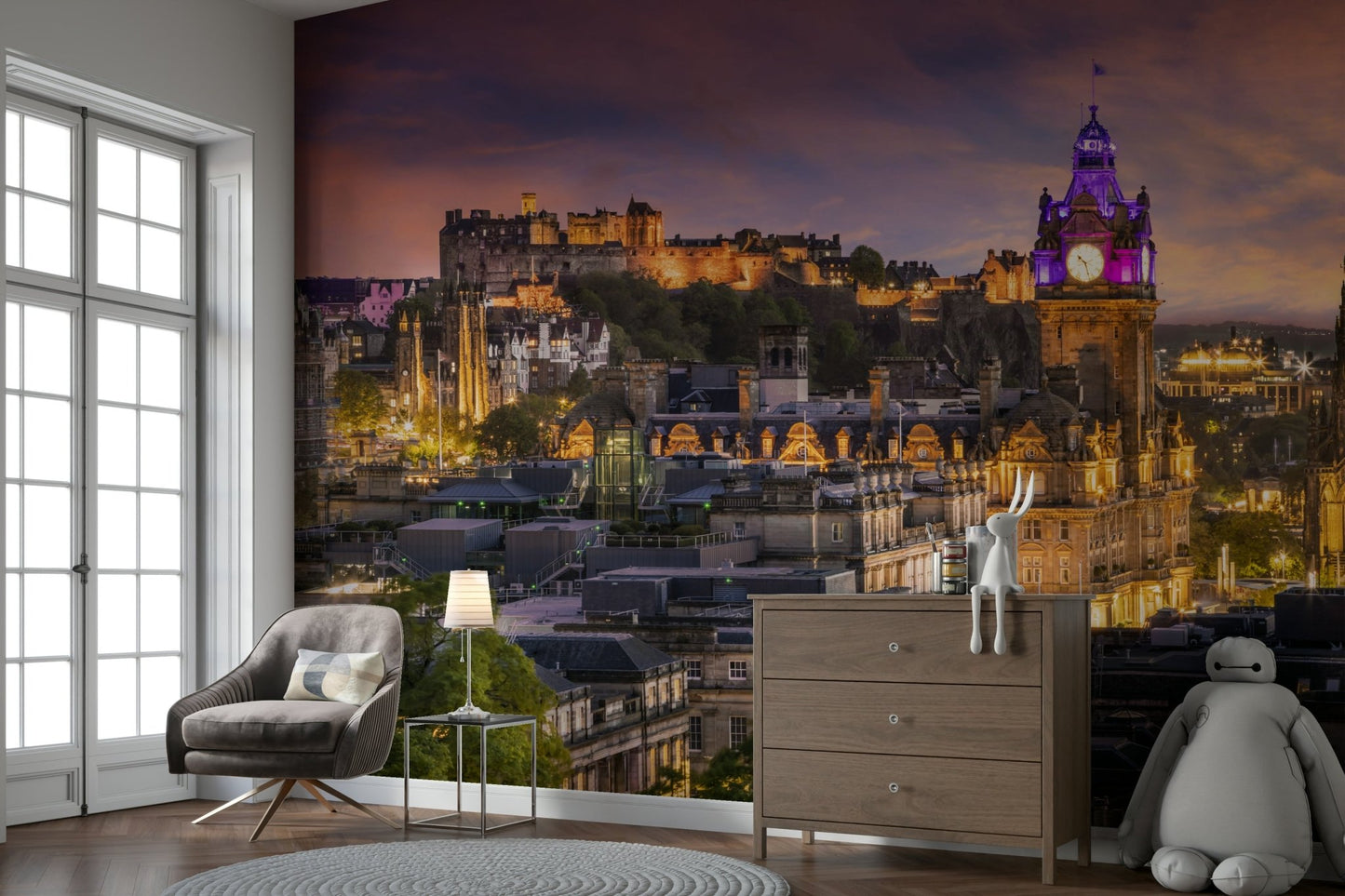 Iconic Edinburgh sunset with city lights mural

