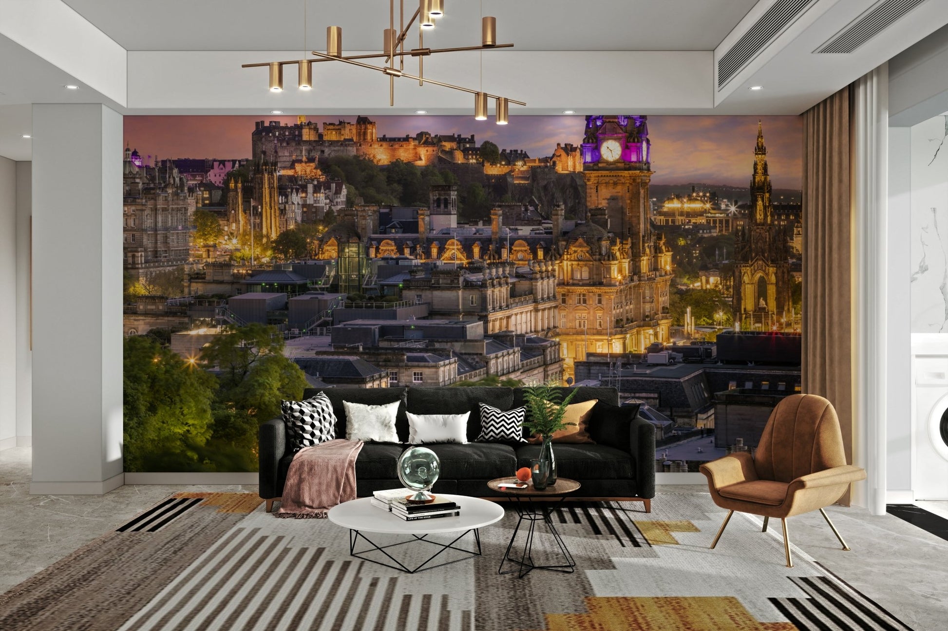 Edinburgh city at sunset with glowing lights mural

