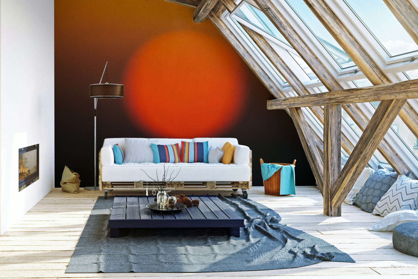 The wallpaper is used as a feature wall in a bedroom.